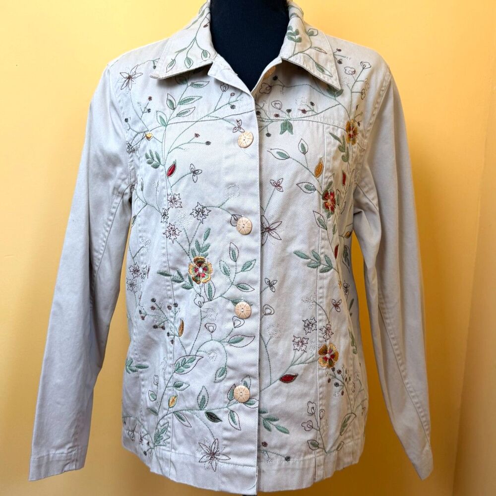 VTG 90s Tantrums Floral Embroidered Jacket M Tan Cotton Shacket Button Up Boho